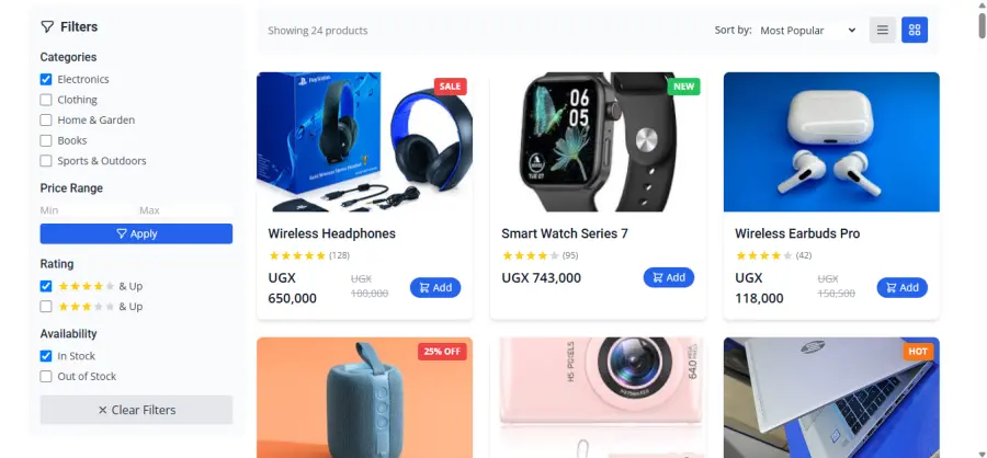 E-commerce online shop website with product catalog and UGX pricing developed by Tech Market Ug