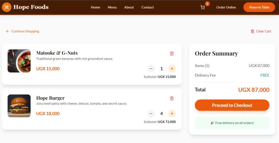 Restaurant website with online food ordering and table reservations built for Hope Foods by Tech Market Ug